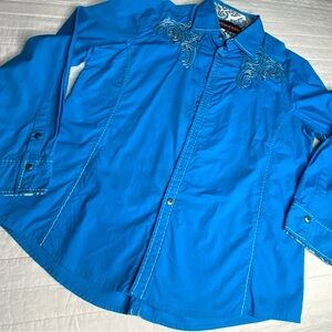 House Of Lords Shirt Men XXL Blue Embroidered Button Rave Streetwear Long Sleeve